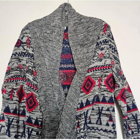 Roxy Aztec Knit Cardigan Medium Grey Red Blue Oversized Open Front - Picture 4 of 7
